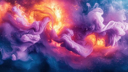 Fototapeta premium A mesmerizing blend of vibrant colors and swirling forms create an abstract cosmic scene, resembling fluid dynamics in space.