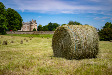 Hay bales in the field with an old french castle in the background.