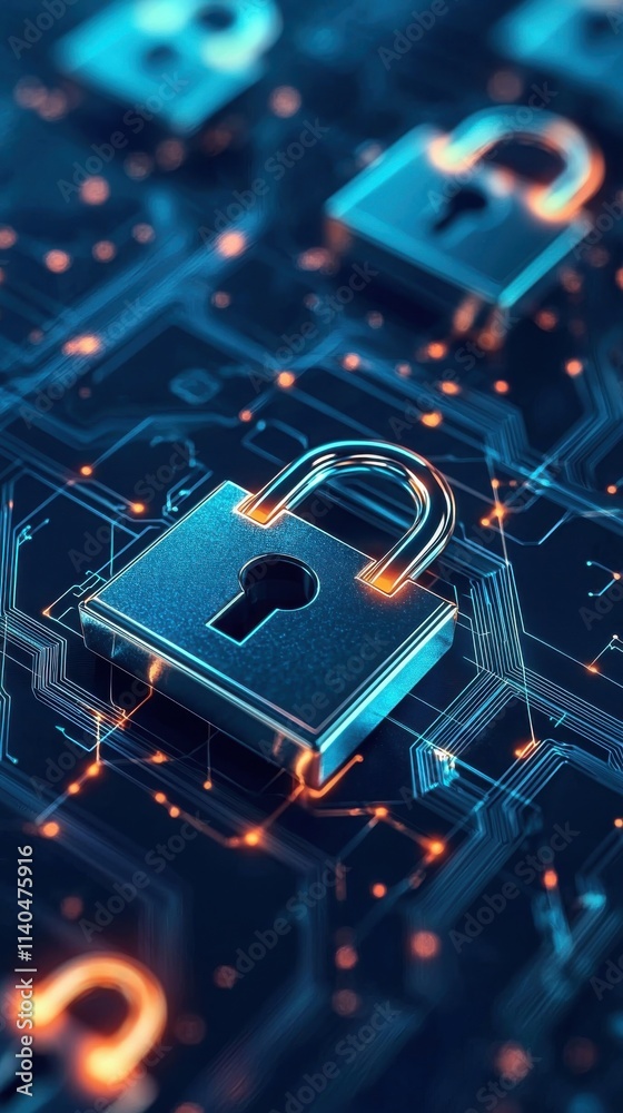Poster digital security concept with glowing padlocks on a circuit board background representing data prote