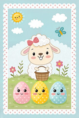 Naklejka premium Adorable cartoon lamb holding basket in spring meadow