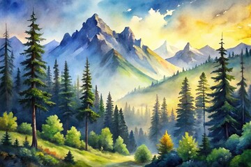 Stunning watercolor mountains and trees nature landscape in artistic style Low Angle