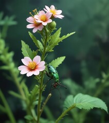 Obraz premium Small green insect crawling on a flower's stem and leaves , insect, macro