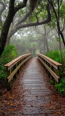 Obraz premium A serene wooden bridge leads through a misty, lush forest path.