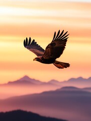 Obraz premium A majestic bird soaring against a colorful sunset, with mountains silhouetted in the background, embodying freedom and beauty.