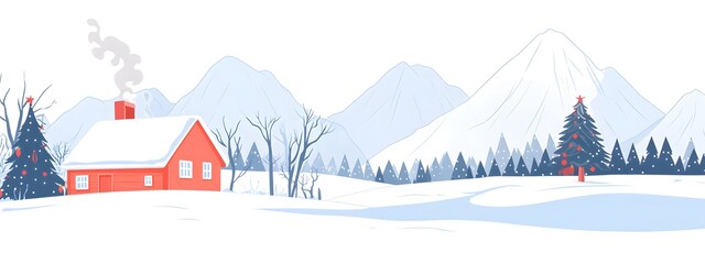 Flat vector illustration of a winter landscape with snow-covered pine trees and a house, simple shapes