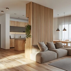 Bright studio with wood wall