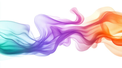 Abstract liquid design featuring sweeping gradients of deep emerald greens, sharp lavender purples, and bright sunset oranges, intricate wave-like shapes that radiate harmony and motion on a pure whit