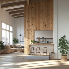Bright studio with wood wall, kitchen, and living room