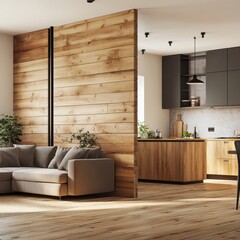 Wood accent wall in bright studio apartment