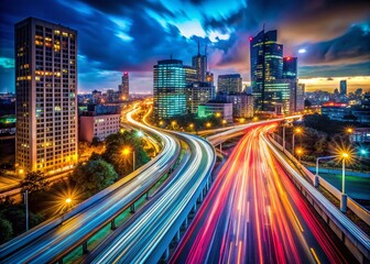 Fototapeta premium Long Exposure Photography Magazine Cover, Night City Lights, Blurred Motion, Urban Scene, Abstract Art