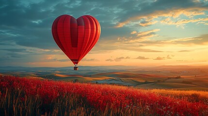Fototapeta premium Heart Shaped Hot Air Balloon Floating Over Scenic Patchwork Countryside at Sunset