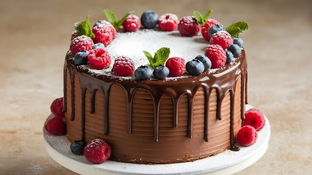 chocolate cake with strawberries and blueberries
