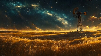 Obraz premium A serene landscape with a windmill under a starry night sky.