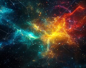 Fototapeta premium Cosmic network visualization showing interstellar data transmission, complex geometric connection points with cosmic energy flows