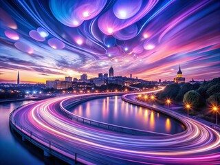 Fototapeta premium Long Exposure Photography: Perrywinkle Purple Night Lightscapes, Cityscapes, Abstract, Dreamy, Flowing, Swirling, Vibrant, Magical, Mystical, Ethereal, Serene, Peaceful, Calm, Twilight, Dusk, 