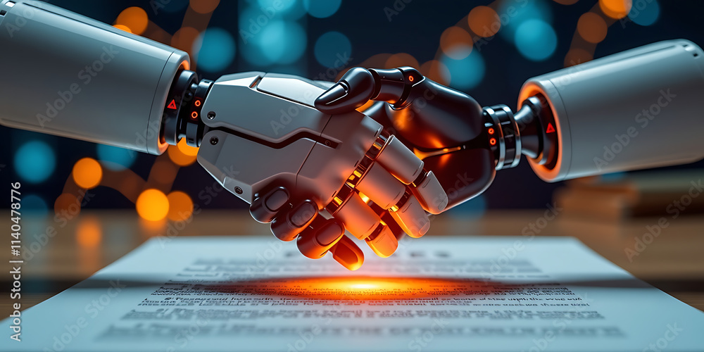 Wall mural the deal maker - two robotic hands shaking over a glowing virtual contract. backdrop background digi