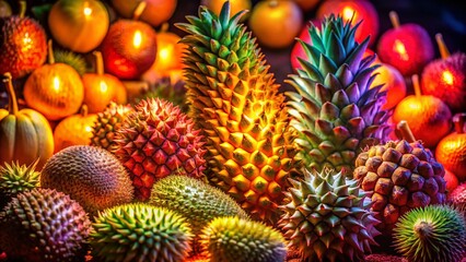 Fototapeta premium Long Exposure Photography: Spiky Fruits, Night Photography, Creative Lighting, Fruit Still Life, Dramatic Lighting, Artistic Photography