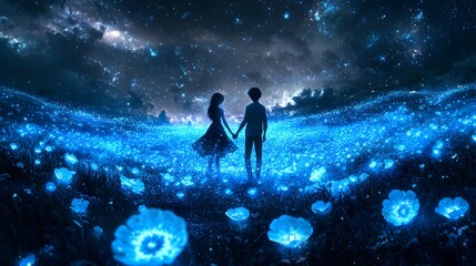 Obraz premium A couple holding hands in a glowing blue flower field under a starry sky.