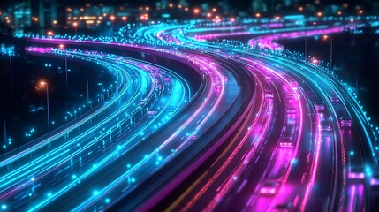 Fototapeta premium Dynamic Neon Highway at Night with Pink and Blue Light Trails : Generative AI