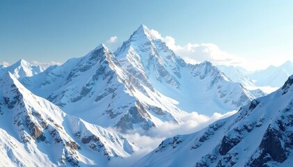 Fototapeta premium Snowy mountain peaks touching the sky with soft white clouds, snow, serene, scenery