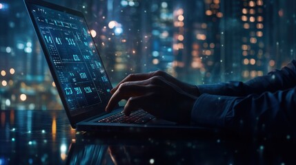 Hands typing on laptop with data graphics; city lights blurred background.