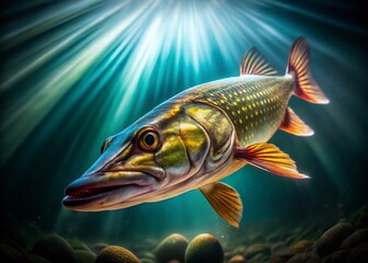 Fototapeta premium Long Exposure Pike Fish Photography: Underwater Wildlife, Aquatic Life, Northern Pike, Esox Lucius, Freshwater Fish, Nature Photography, Wildlife Photography