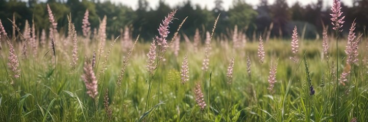 Fototapeta premium Soft focus on a field of tall grasses in shades of green and purple against an abstract background with hints of soft pink, meadow, abstract, field