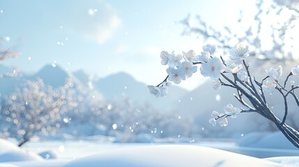 In the Chinese 3D cartoon style, in the severe cold of winter, the white plum blossoms bloom alone without fear of the cold.  