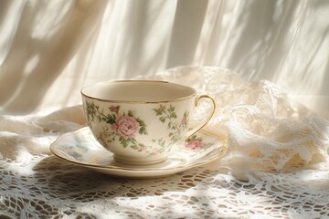 Floral teacup and saucer on lace fabric in sunlight. (2)