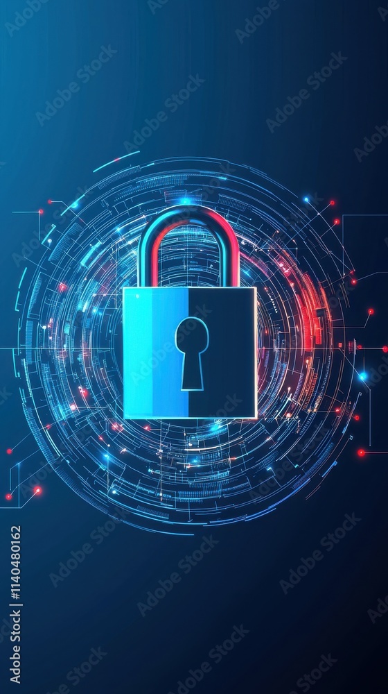 Poster digital lock symbol on circuit background representing cybersecurity and data protection with techno