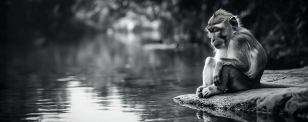 Macaque sitting by a river, black and white shading, textured fur, soft focus on serene nature, detailed facial expression,