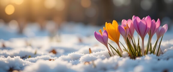 Crocus Blooms in Snowy Landscape: A Serene Winter Sunset