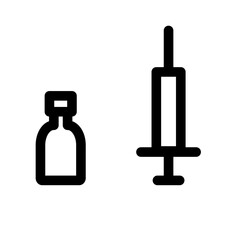 A simple black icon of a vial and a syringe, representing medical tools, set against a white background