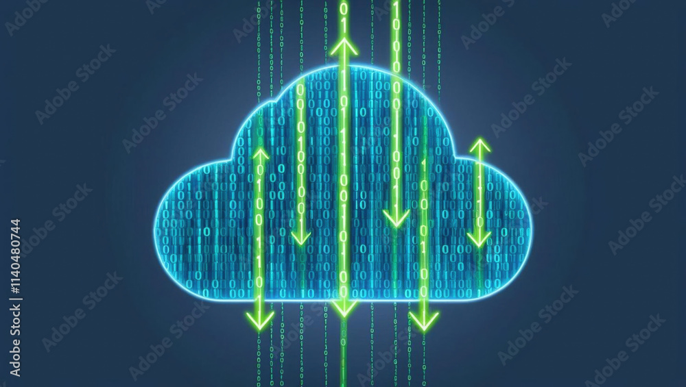 Poster conceptual representation of cloud formed by binary code streams, with glowing arrows indicating dat