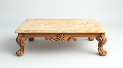 Elegant wooden coffee table with a marble top, featuring ornate legs and a classic, sophisticated design, perfect for living spaces.