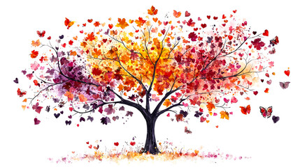 Obraz premium Watercolor autumn tree with heart-shaped leaves and butterflies.