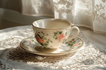 Fototapeta premium Floral teacup and saucer in sunlight on lace.