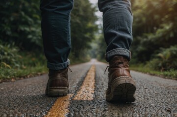 close up walking feet with cool, journey on different road, self challenge theme concept, Generative Ai