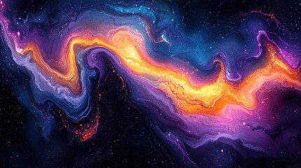 A vibrant abstract image depicting swirling colors resembling cosmic waves in various shades of purple, blue, and orange. A lively artistic piece.