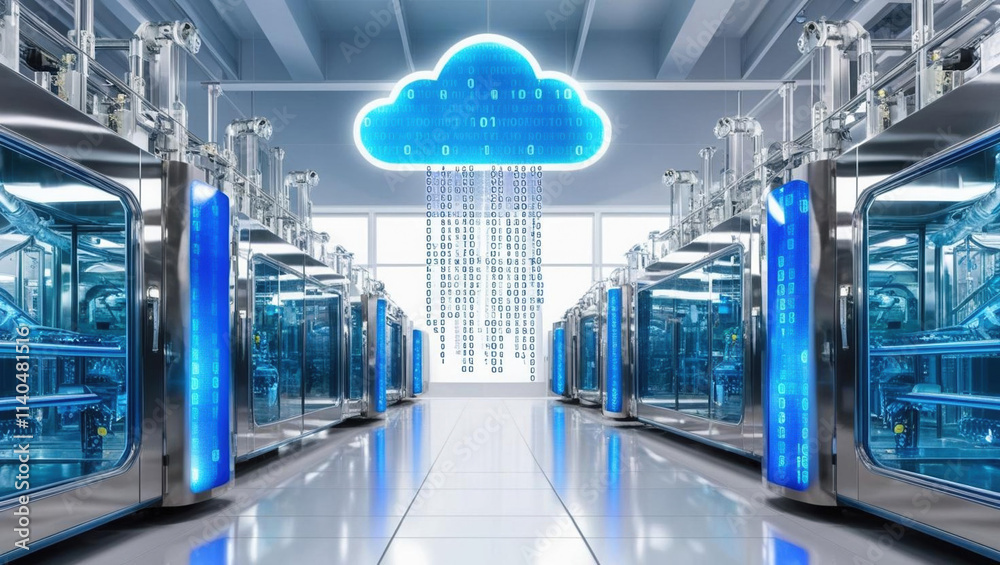 Poster smart factory floor featuring automated machinery with glowing blue elements and cloud symbol emitti