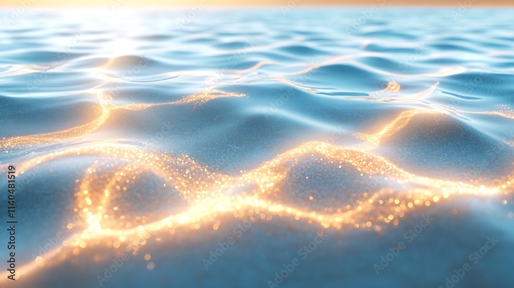 Poster serene ocean waves with subtle golden light reflections at dawn : generative ai