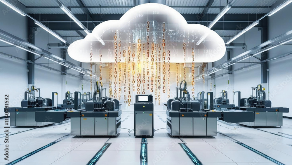 Poster smart factory floor featuring automated machinery and glowing binary code streams, symbolizing advan