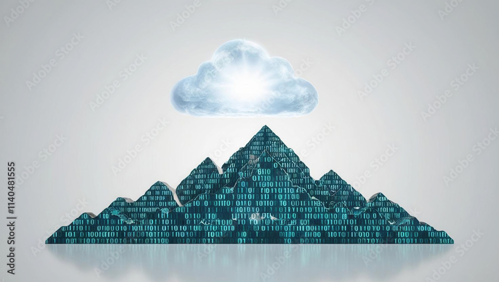 Poster symbolic glowing cloud above digital mountain of binary code streams, representing pinnacle of cloud