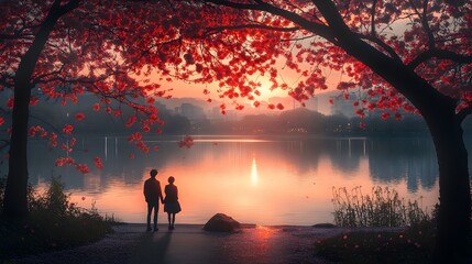 Fototapeta premium Silhouetted couple by a serene lake under blooming cherry blossoms at sunset.