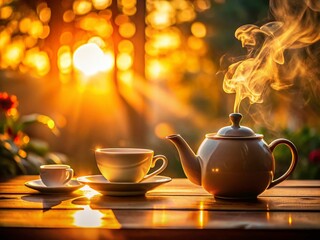 Fototapeta premium Long Exposure Tea Time Photography: Serene Sunset, Cozy Cafe, Steam, Golden Hour, Warm Light
