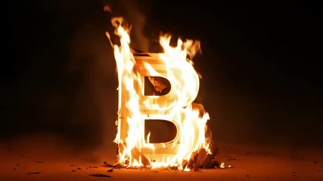 A large letter B is engulfed in flames, creating a striking visual effect against the dark night sky. This dramatic moment showcases fire's beauty and intensity during the event.