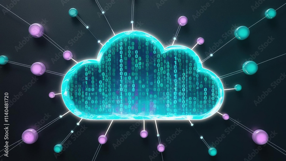 Poster cloud shaped hologram glowing with swirling binary code, surrounded by interconnected nodes in dark 