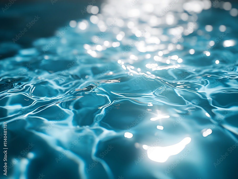 Poster close-up view of blue sparkling water waves in sunlight : generative ai