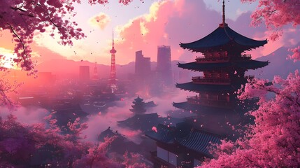 Obraz premium Serene sunset over a tranquil Japanese cityscape with cherry blossoms in bloom.