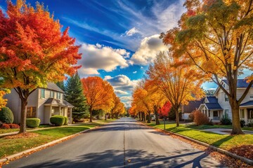 Suburban street with autumn foliage and blue sky, Depth of Field